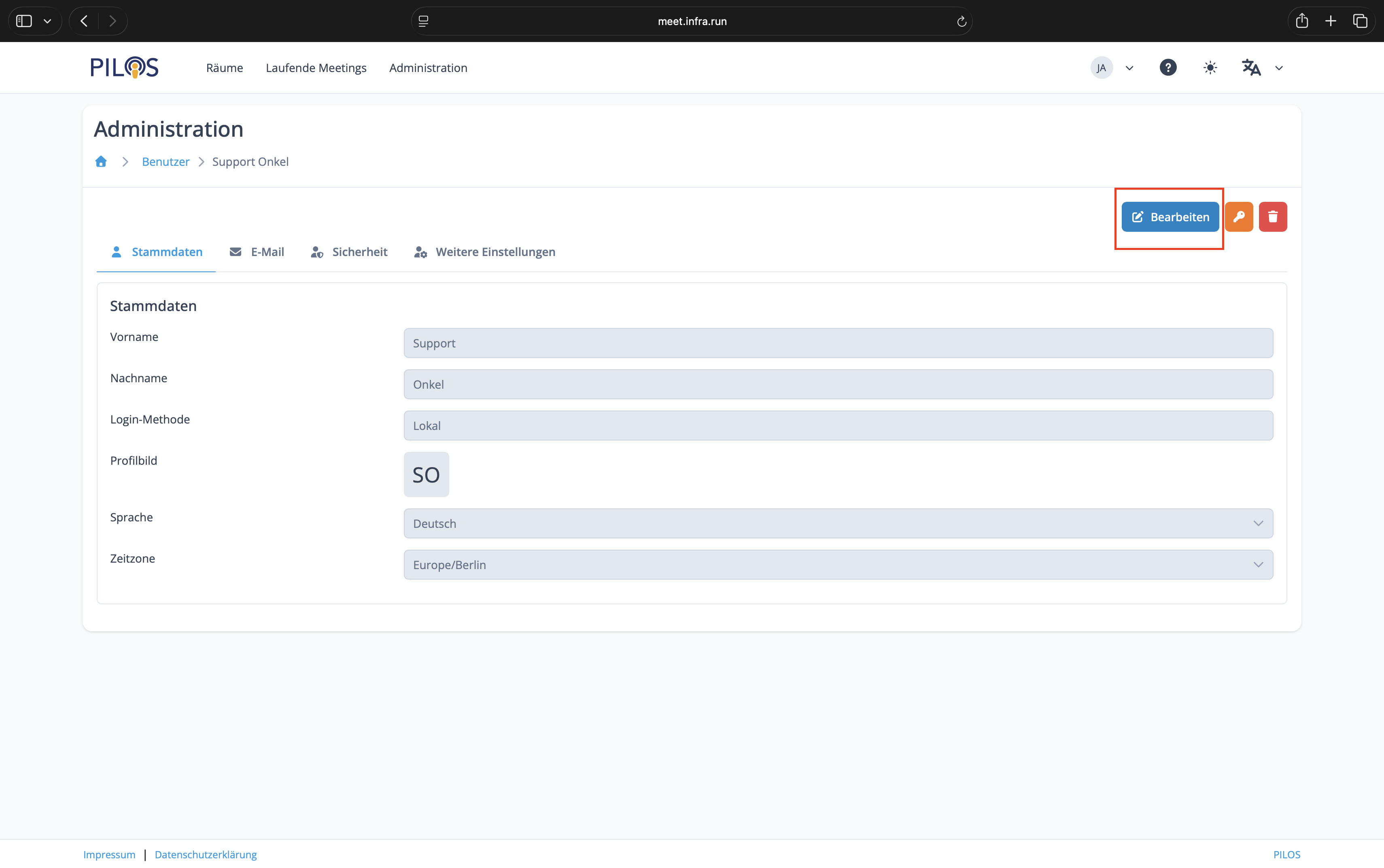 Administration Menü Einstellungen für Benutzer