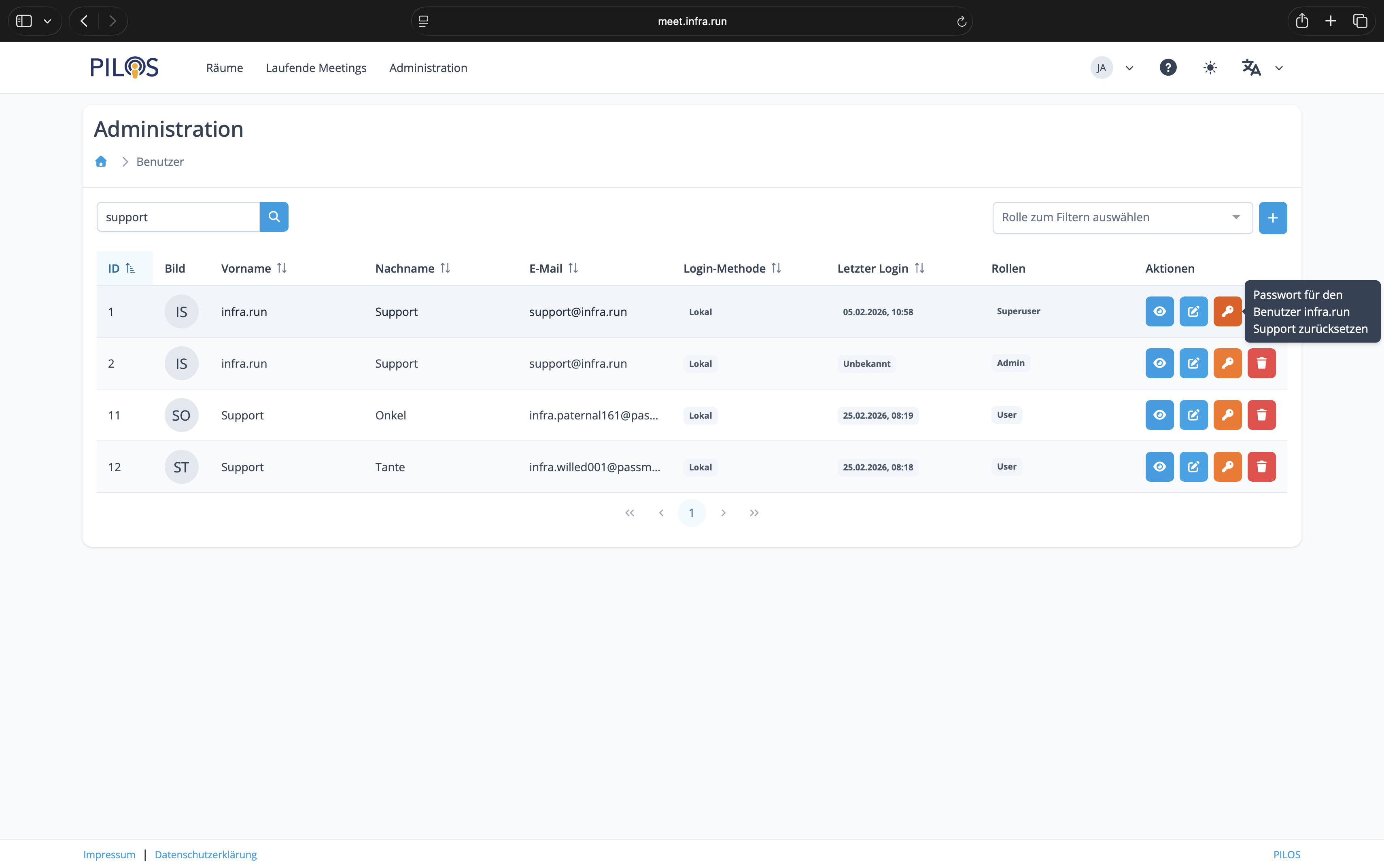 Administration Menü Einstellungen für Benutzer