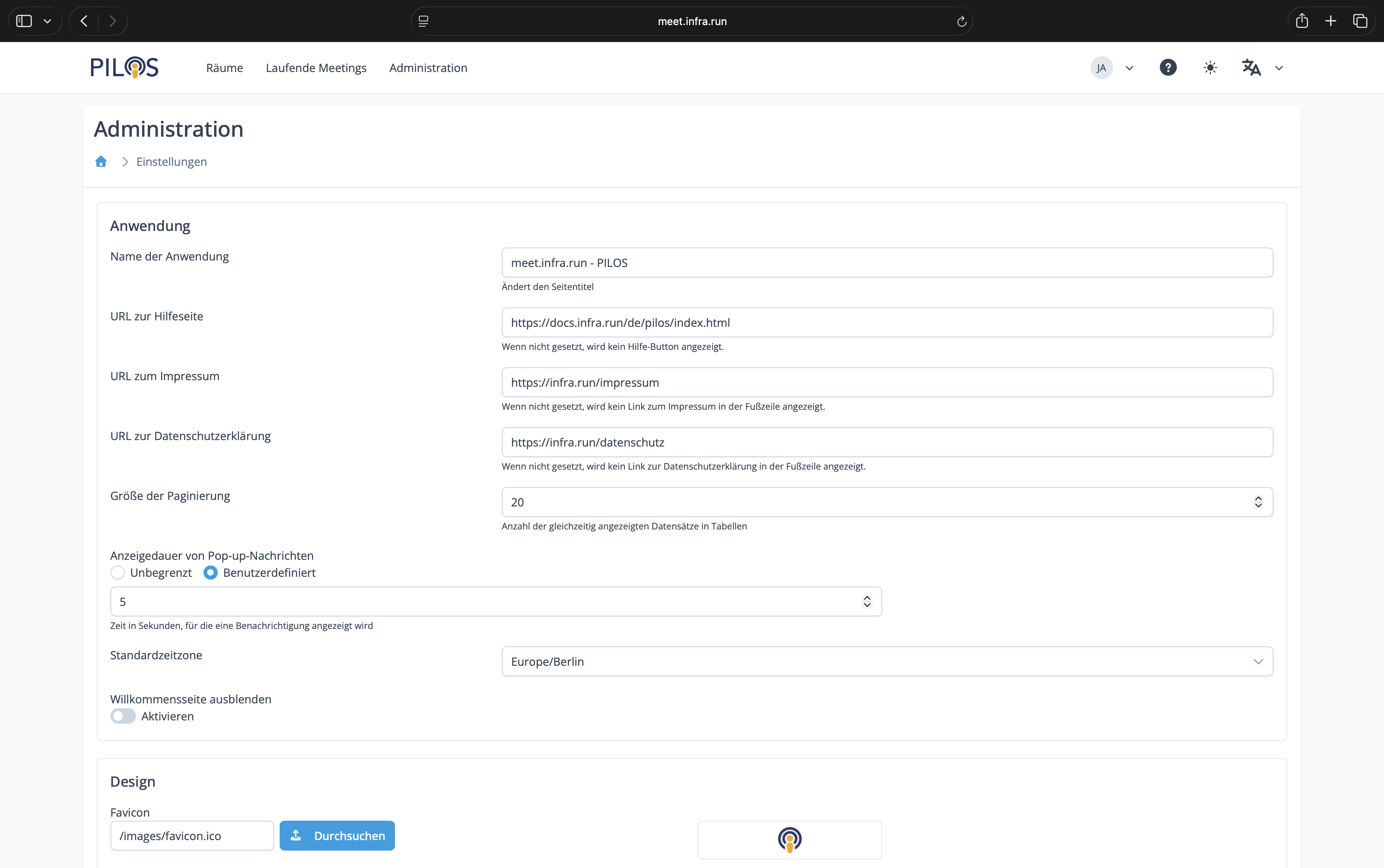 Administration Menü Einstellungen
