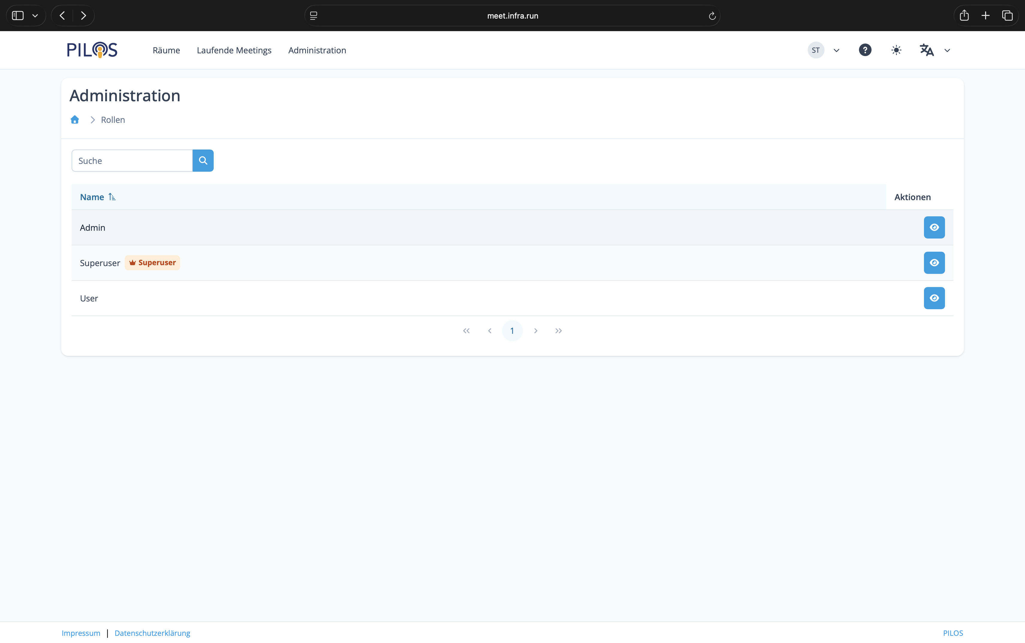 Administration Menü Einstellungen für Rollen