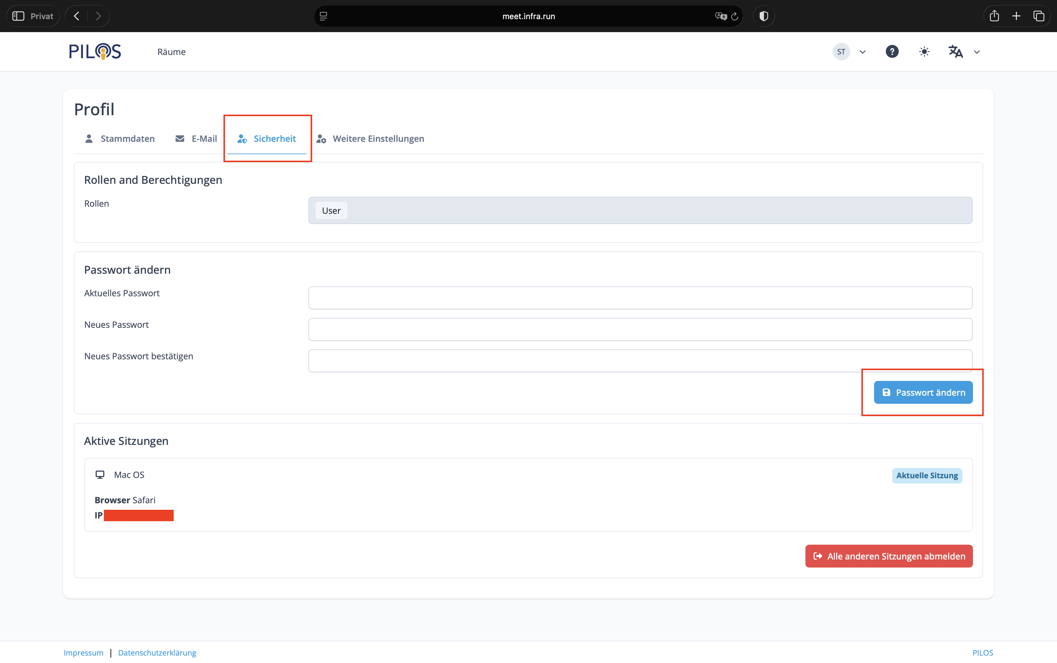 Menü Profil Sicherheit