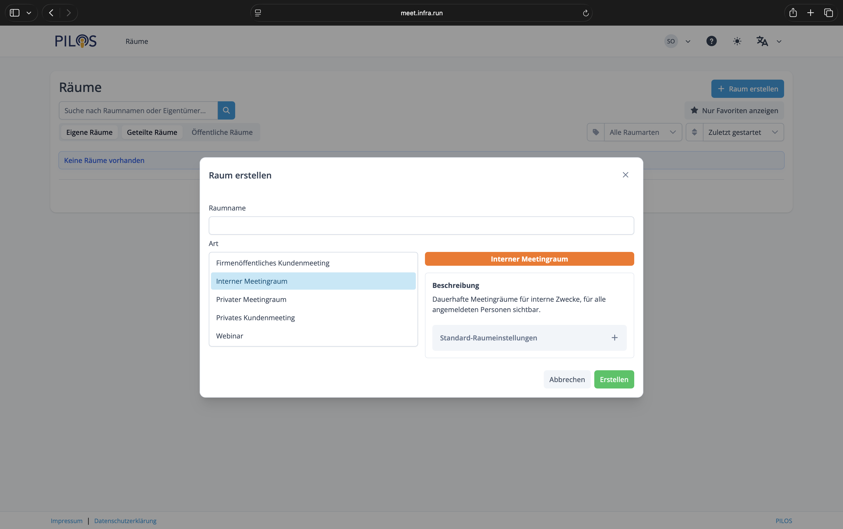 Art des Raums auswählen